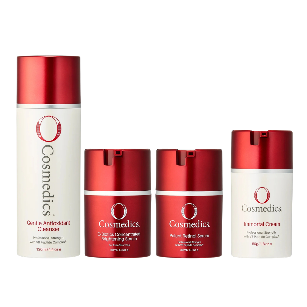O Cosmedics Pigmentation Starter Kit routine for uneven skin tone, dark spots, retinol renewal and brightening hydration support.