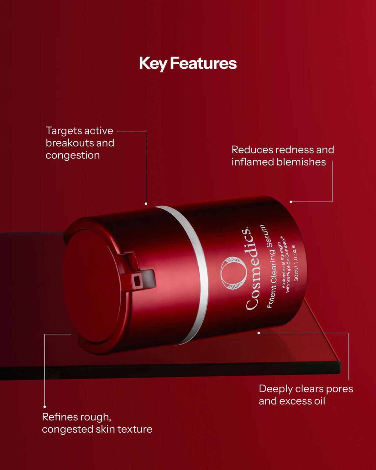 O Cosmedics Potent Clearing Serum key features for congestion, inflamed blemishes, pore clearing and rough breakout-prone texture.