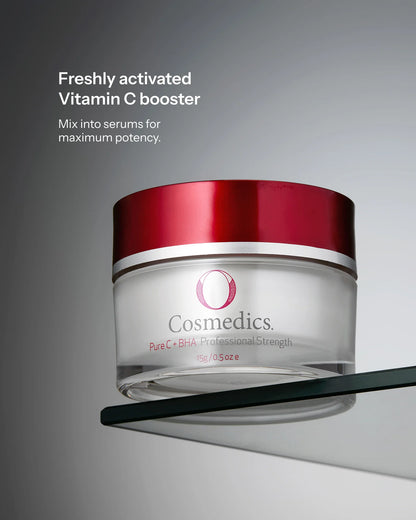 O Cosmedics Pure C + BHA freshly activated Vitamin C powder booster for mixing with water-based serums and hydrators.