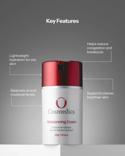 O Cosmedics Rebalancing Cream key features for oily skin hydration, congestion support, moisture balance and healthier-looking skin.