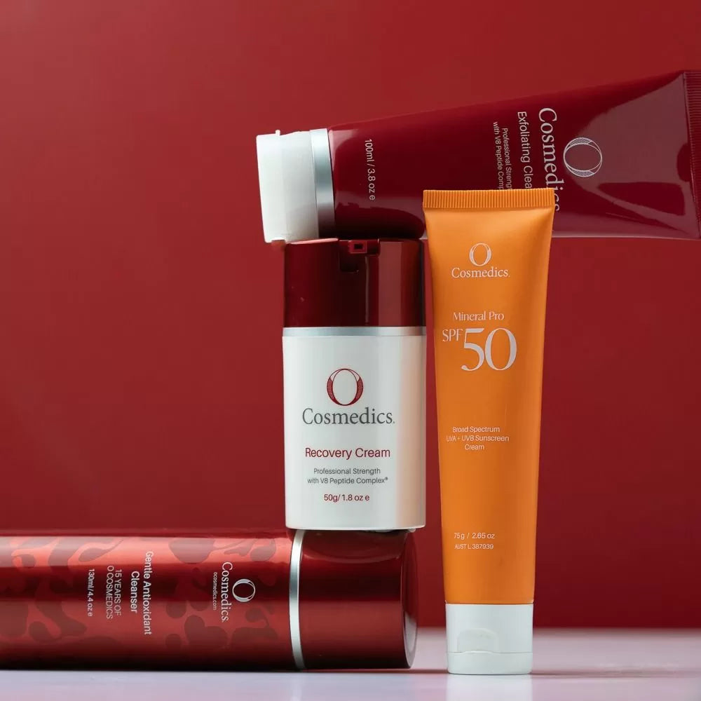 O Cosmedics Sale. Core Four Christmas Pack. Contains O Cosmedics Gentle Antioxidant Cleanser, O Cosmedics Exfoliating Cleanser, O Cosmedics Rebalancing Cream, your choice of FREE O Cosmedics Mineral Pro Sunscreen PLUS FREE Travel Bag