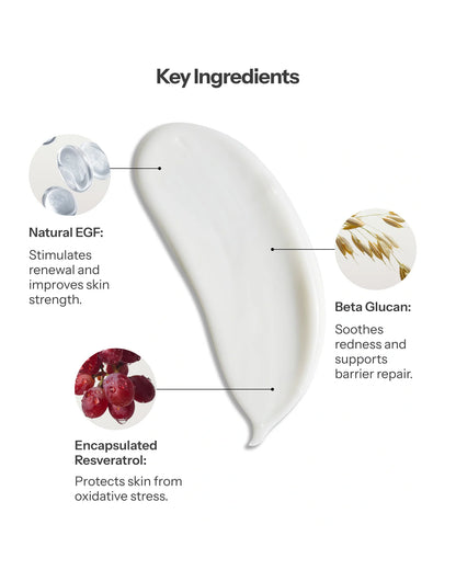 O Cosmedics Recovery Cream with Natural EGF, Beta Glucan and Encapsulated Resveratrol for renewal and antioxidant support.