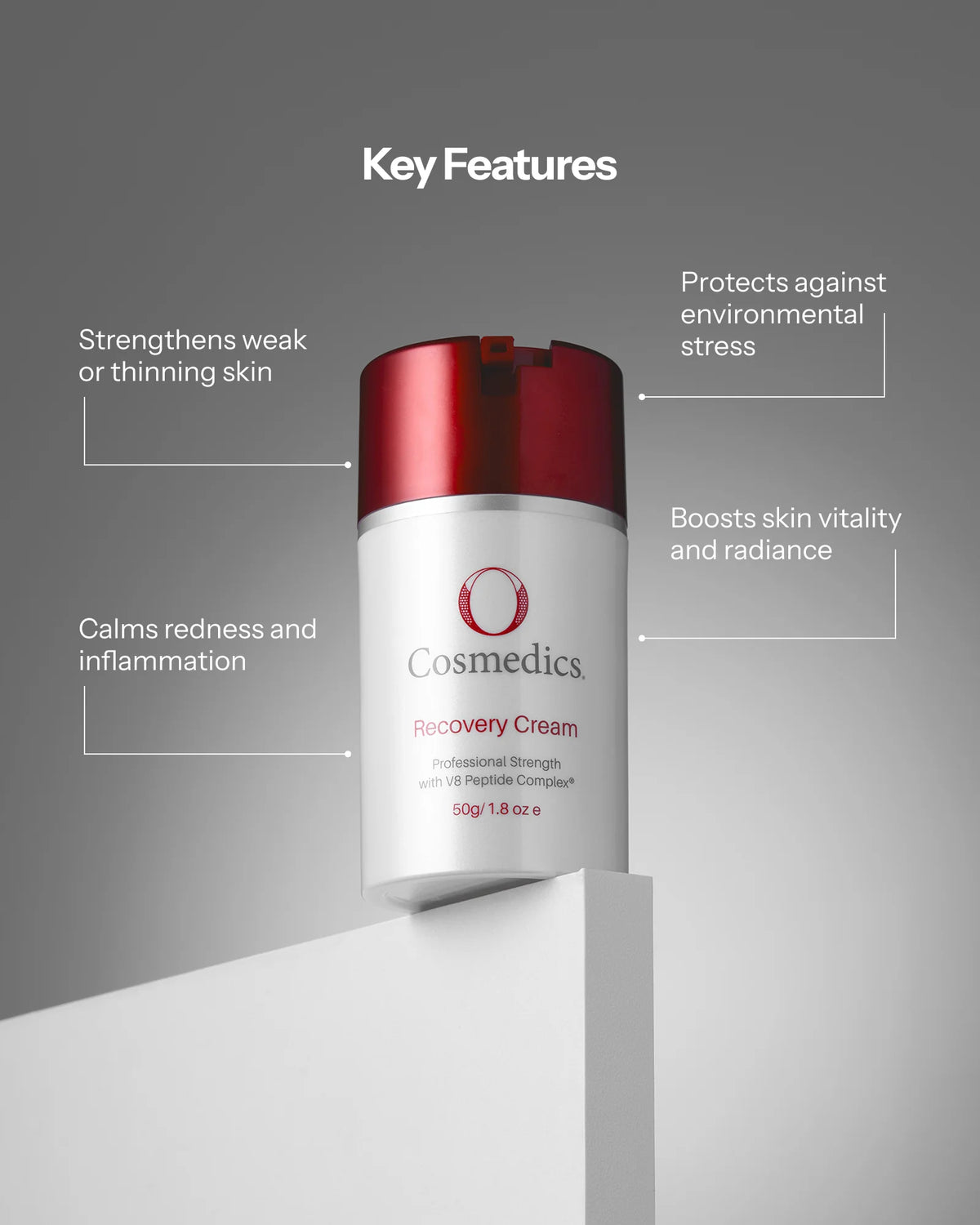 O Cosmedics Recovery Cream key benefits for strengthening, oxygenating, rebuilding and calming stressed skin.