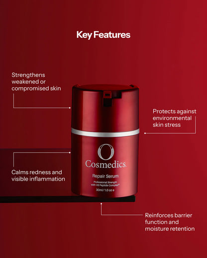 O Cosmedics Repair Serum key features for weakened skin, visible inflammation, environmental stress and barrier repair.