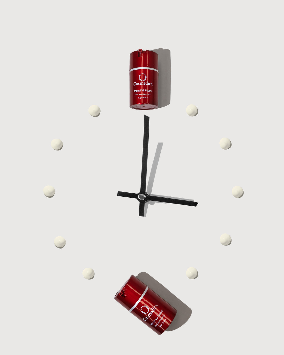 O Cosmedics Retinal V8 Fusion styled on clock representing night-time retinal treatment for skin renewal and age management.