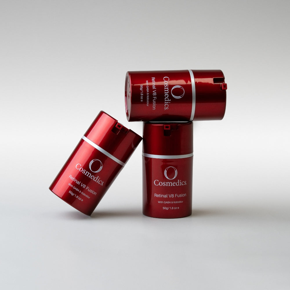 O Cosmedics Retinal V8 Fusion trio showing advanced retinaldehyde treatment for skin longevity, smoothing lines and boosting radiance.