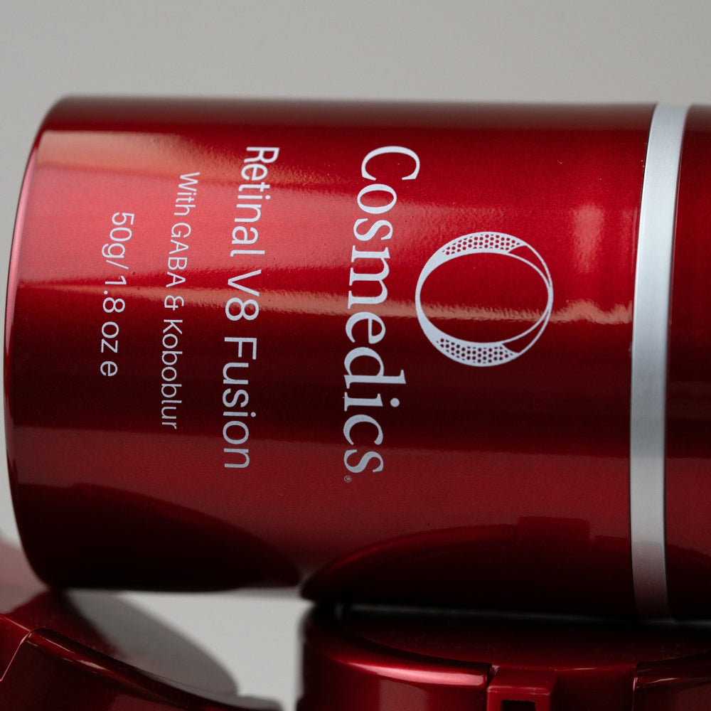 O Cosmedics Retinal V8 Fusion close up highlighting cream-based retinaldehyde serum with peptides and 4D hyaluronic acid.