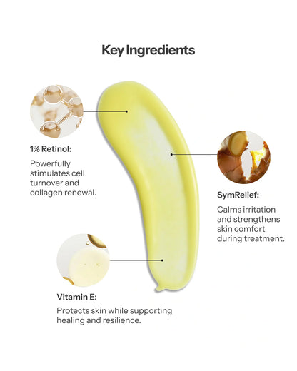 O Cosmedics Retinol Concentrate 1% with Retinol, Vitamin E and SymRelief for intensive correction with skin comfort support.