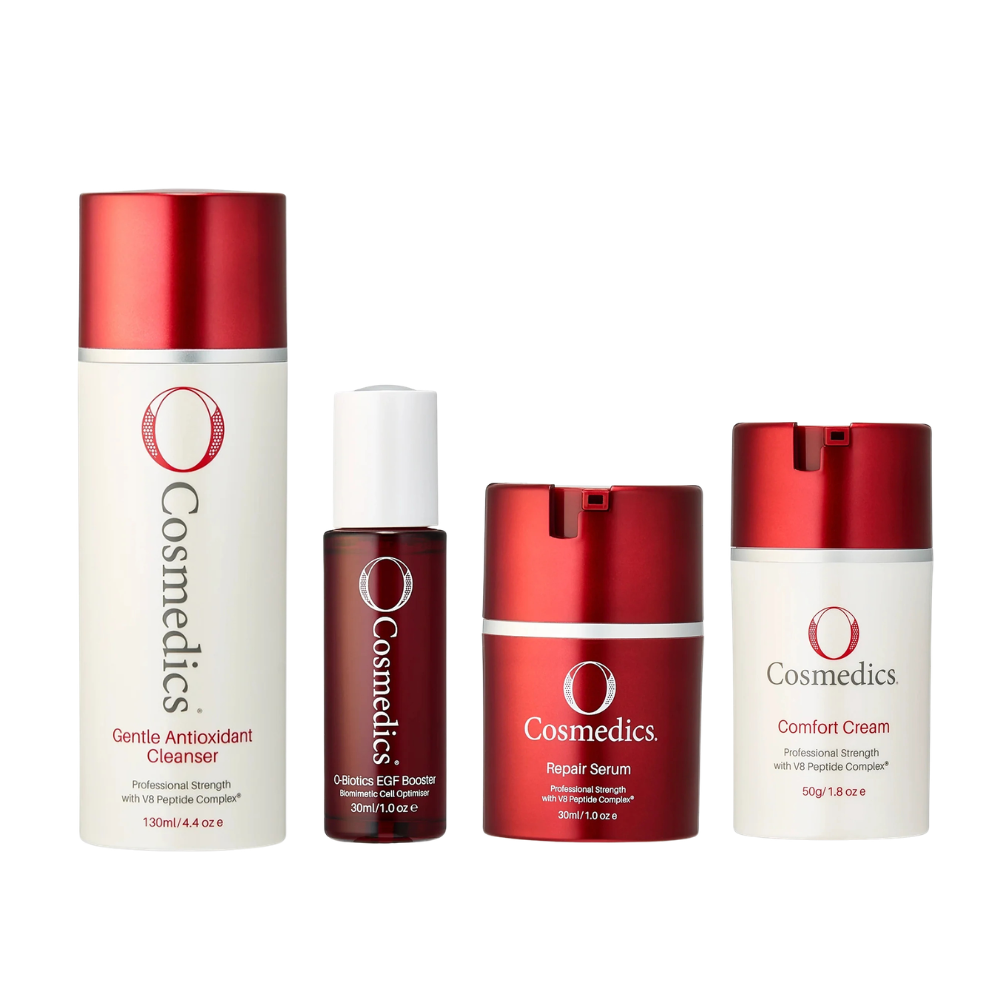 O Cosmedics Rosacea Starter Kit routine for redness-prone skin, barrier repair, EGF support and calming hydration.