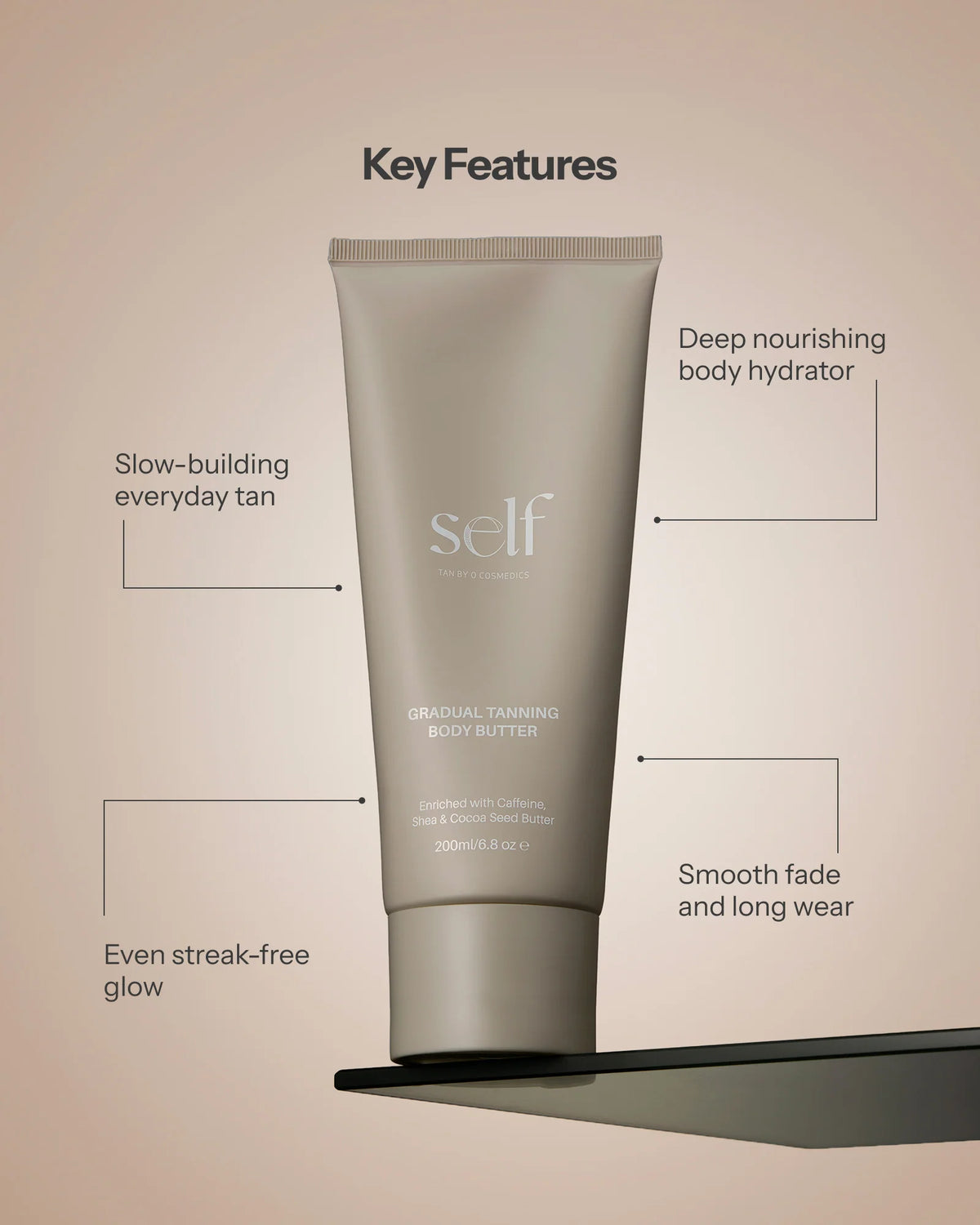 O Cosmedics SELF Gradual Tanning Body Butter 200ml with DHA, Shea Butter, Cocoa Seed Butter and Caffeine for nourishing hydration and a buildable golden tan.