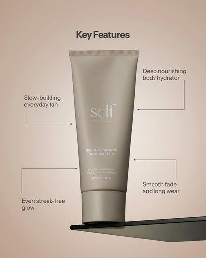 O Cosmedics SELF Gradual Tanning Body Butter 200ml with DHA, Shea Butter, Cocoa Seed Butter and Caffeine for nourishing hydration and a buildable golden tan.