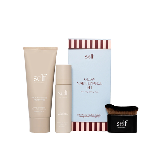 O Cosmedics SELF Glow Maintenance Kit with O Cosmedics SELF Gradual Tanning Body Butter 200ml, O Cosmedics SELF Hydrating Tanning Face Water 100ml and FREE O Cosmedics SELF Tanning Brush for natural-looking self-tan.