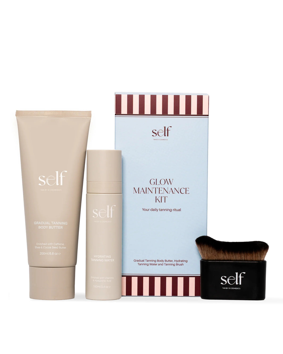 O Cosmedics SELF Glow Maintenance Kit with O Cosmedics SELF Gradual Tanning Body Butter 200ml, O Cosmedics SELF Hydrating Tanning Face Water 100ml and FREE O Cosmedics SELF Tanning Brush for natural-looking self-tan.