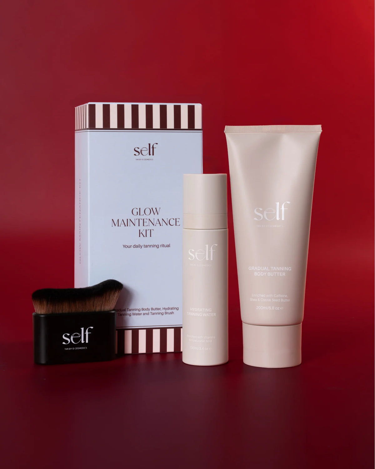 O Cosmedics SELF Glow Maintenance Kit, a hydrating self-tanning gift set combining gradual body tanning, facial tanning mist and precision blending brush.