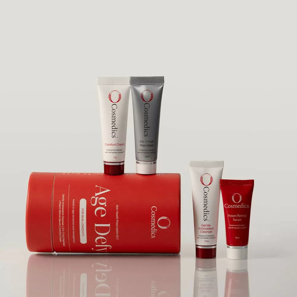 O Cosmedics Sale. O Cosmedics Age Defy- Skin Health Prescription Kit Mini Size. O Cosmedics Age Defy- Skin Health Prescription Kit Contains O Cosmedics Gentle Antioxidant Cleanser, O Cosmedics 3 In 1 Fruit Peel Mask, O Cosmedics Potent Retinol Serum & O Cosmedics Comfort Cream