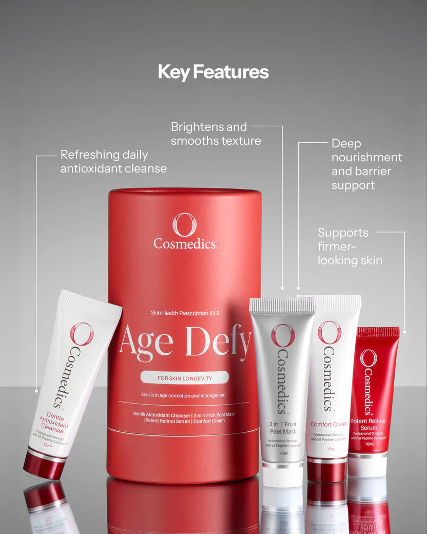 O Cosmedics Sale. O Cosmedics Age Defy Prescription Kit Contains O Cosmedics Gentle Antioxidant Cleanser, O Cosmedics 3 In 1 Fruit Peel Mask, O Cosmedics Potent Retinol Serum & O Cosmedics Comfort Cream