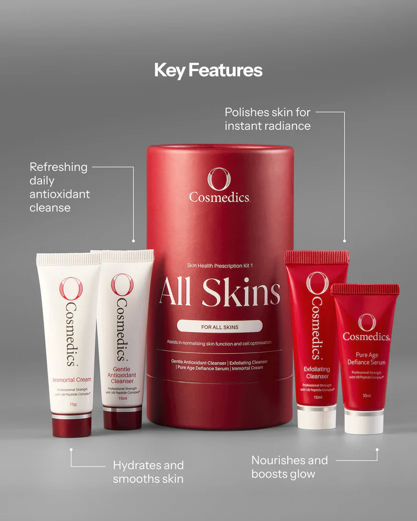 O Cosmedics Sale. O Cosmedics All Skins Prescription Kit Contains O Cosmedics Gentle Antioxidant Cleanser, O Cosmedics Exfoliating Cleanser, O Cosmedics Pure Age Defiance Serum & O Cosmedics Immortal Cream