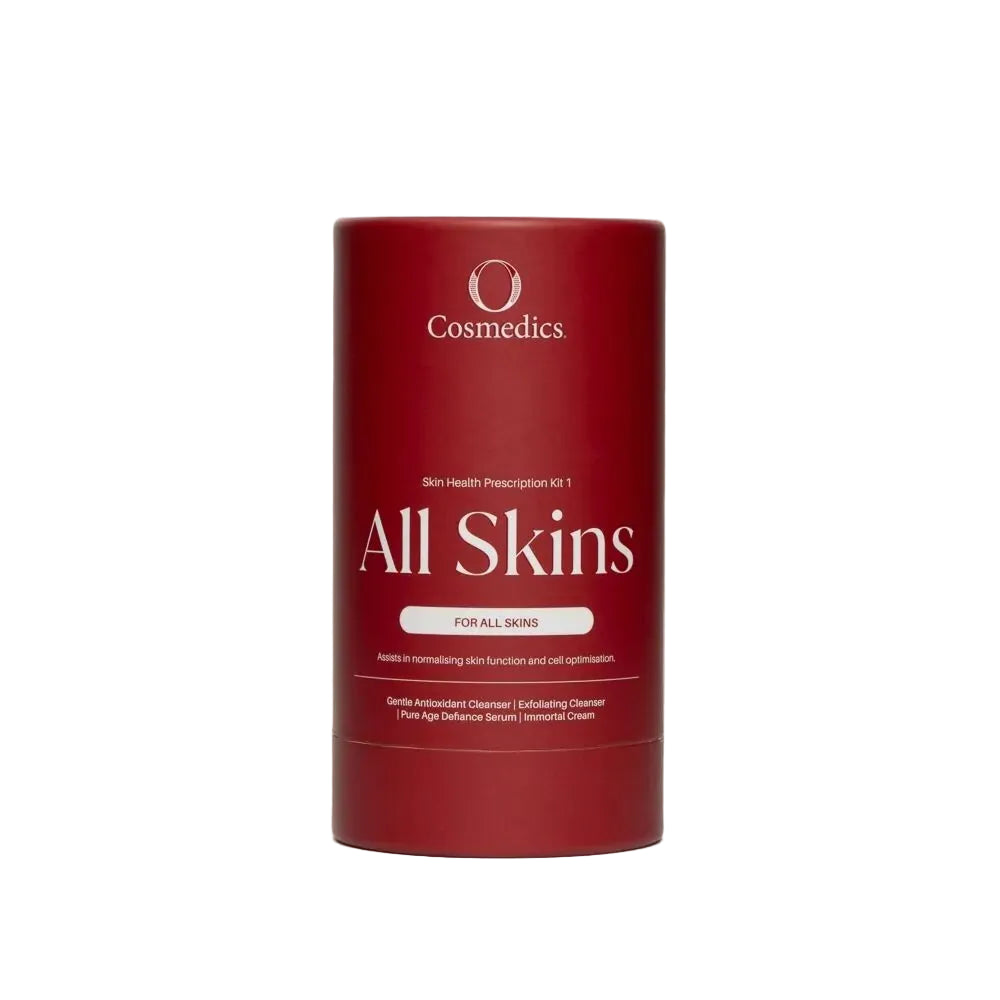 O Cosmedics Sale. O Cosmedics All Skins- Skin Health Prescription Kit Mini Size. O Cosmedics All Skins- Skin Health Prescription Kit Contains O Cosmedics Gentle Antioxidant Cleanser, O Cosmedics Exfoliating Cleanser, O Cosmedics Pure Age Defiance Serum & O Cosmedics Immortal Cream