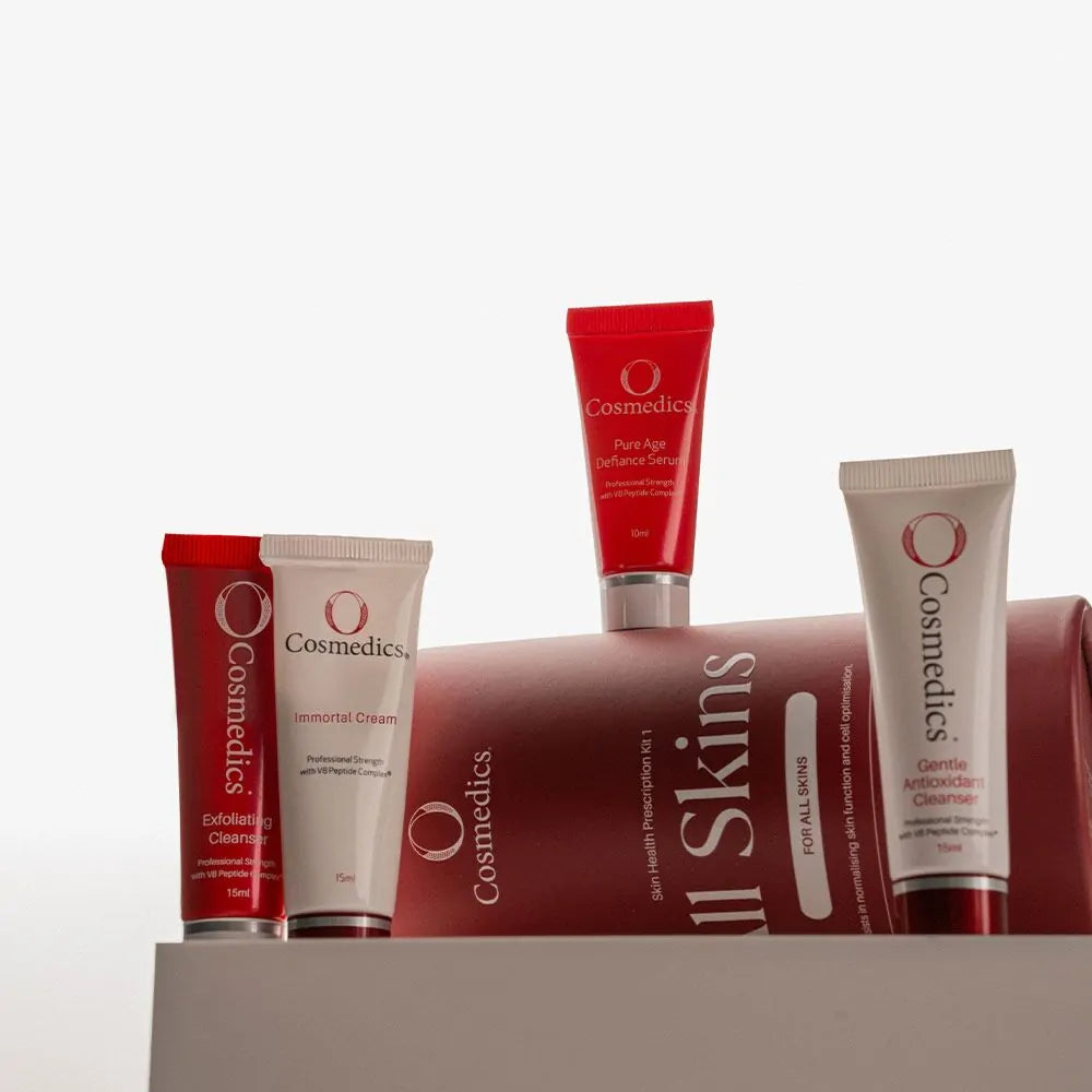 O Cosmedics Sale. O Cosmedics All Skins- Skin Health Prescription Kit Mini Size. O Cosmedics All Skins- Skin Health Prescription Kit Contains O Cosmedics Gentle Antioxidant Cleanser, O Cosmedics Exfoliating Cleanser, O Cosmedics Pure Age Defiance Serum & O Cosmedics Immortal Cream