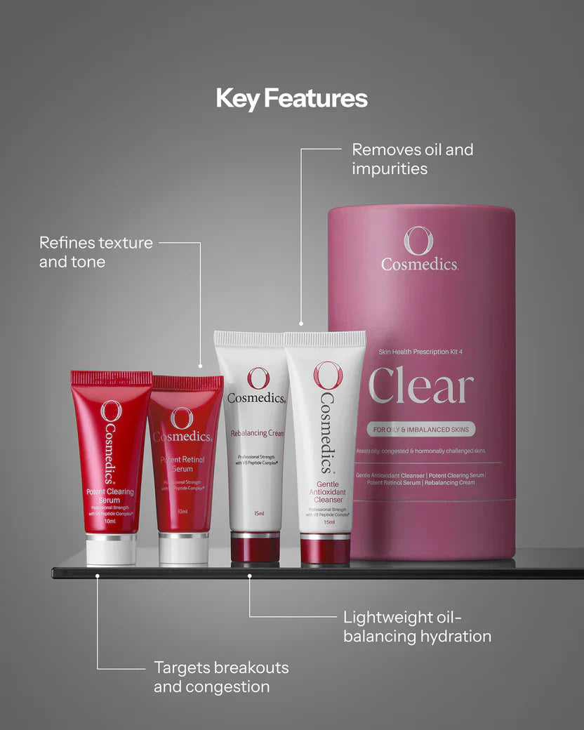 O Cosmedics Sale. O Cosmedics Clear Prescription Kit Contains O Cosmedics Gentle Antioxidant Cleanser, O Cosmedics Potent Clearing Serum, O Cosmedics Potent Retinol Serum & O Cosmedics Rebalancing Cream