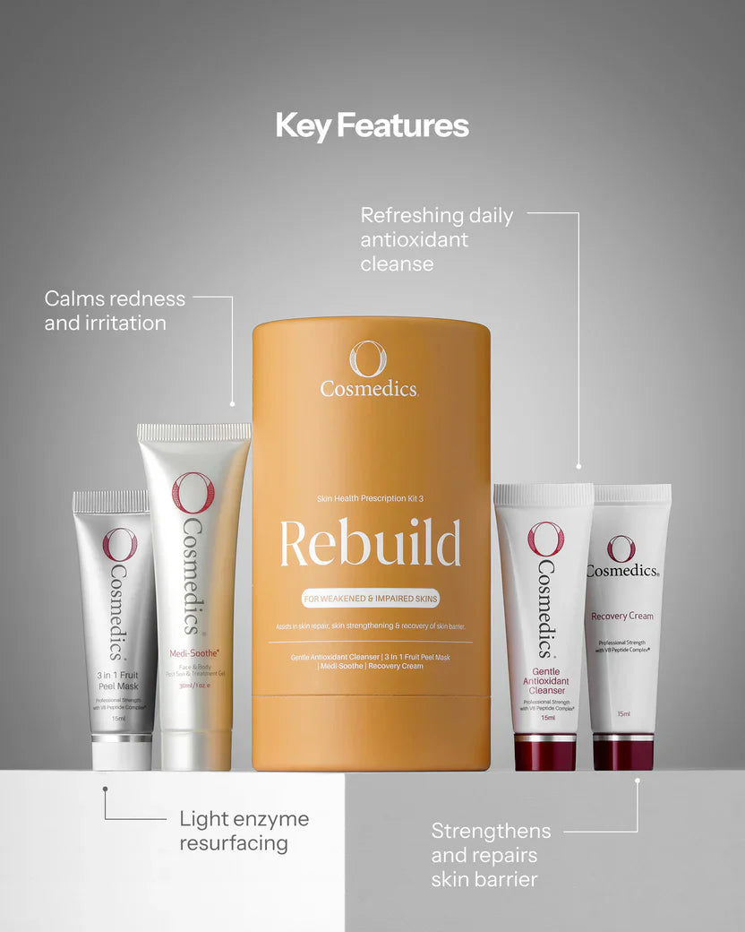 O Cosmedics Sale. O Cosmedics Rebuild Skin Health Prescription Kit Contains O Cosmedics Gentle Antioxidant Cleanser, O Cosmedics 3 In 1 Fruit Peel Mask, O Cosmedics Recovery Cream & O Cosmedics Medi-Soothe
