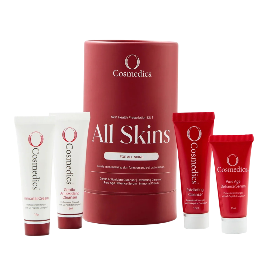 O Cosmedics Sale. O Cosmedics All Skins Prescription Kit Contains O Cosmedics Gentle Antioxidant Cleanser, O Cosmedics Exfoliating Cleanser, O Cosmedics Pure Age Defiance Serum & O Cosmedics Immortal Cream.