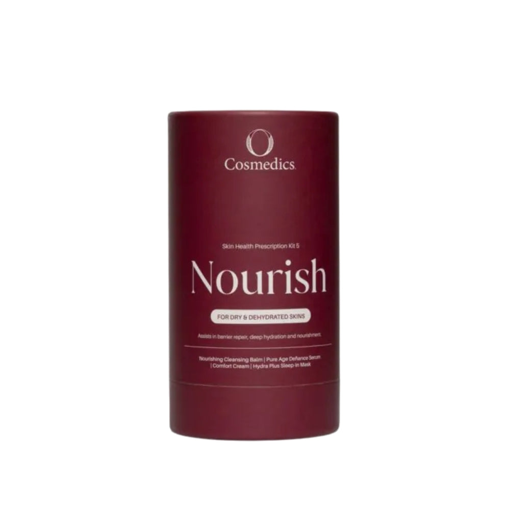 O Cosmedics Skin Health Prescription Travel Kit Nourish hydrating skincare set for dry and dehydrated skin, travel size barrier repair routine.