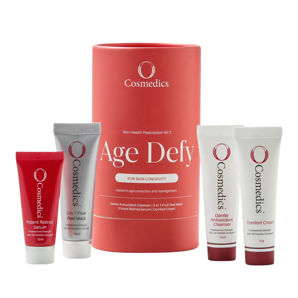 O Cosmedics Sale. O Cosmedics Age Defy Prescription Kit Contains O Cosmedics Gentle Antioxidant Cleanser, O Cosmedics 3 In 1 Fruit Peel Mask, O Cosmedics Potent Retinol Serum & O Cosmedics Comfort Cream.