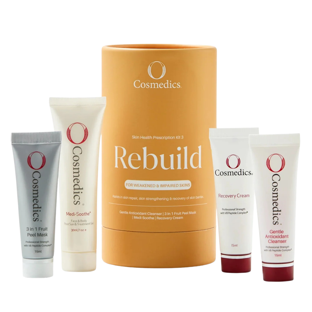 O Cosmedics Sale. O Cosmedics Rebuild Skin Health Prescription Kit Contains O Cosmedics Gentle Antioxidant Cleanser, O Cosmedics 3 In 1 Fruit Peel Mask, O Cosmedics Recovery Cream & O Cosmedics Medi-Soothe.