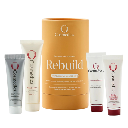 O Cosmedics Sale. O Cosmedics Rebuild Skin Health Prescription Kit Contains O Cosmedics Gentle Antioxidant Cleanser, O Cosmedics 3 In 1 Fruit Peel Mask, O Cosmedics Recovery Cream & O Cosmedics Medi-Soothe.