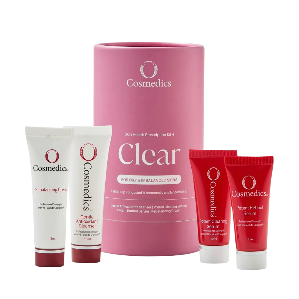 O Cosmedics Sale. O Cosmedics Clear Prescription Kit Contains O Cosmedics Gentle Antioxidant Cleanser, O Cosmedics Potent Clearing Serum, O Cosmedics Potent Retinol Serum & O Cosmedics Rebalancing Cream.