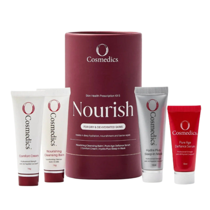 O Cosmedics Sale. O Cosmedics Nourish Prescription Kit Contains O Cosmedics Nourishing Cleansing Balm, O Cosmedics Pure Age Defiance Serum, O Cosmedics Comfort Cream & O Cosmedics Hydra Plus Sleep In Mask.