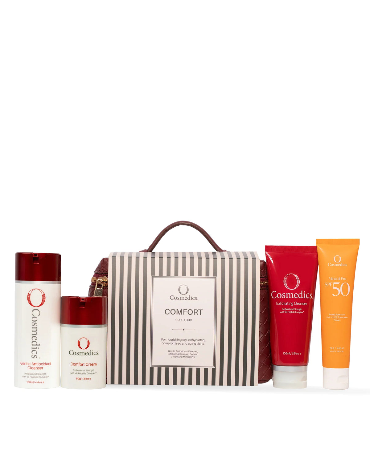 O Cosmedics The Core Four Collection Comfort skincare gift set with O Cosmedics Gentle Antioxidant Cleanser, O Cosmedics Exfoliating Cleanser, O Cosmedics Comfort Cream and O Cosmedics Mineral Pro SPF 50 Untinted.