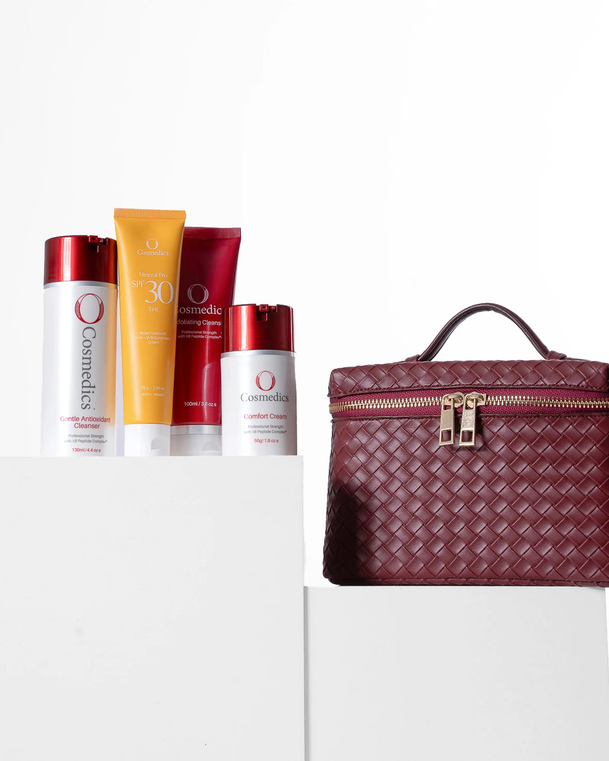 O Cosmedics The Core Four Collection Comfort skincare gift set with O Cosmedics Mineral Pro SPF 30 Tinted, O Cosmedics Gentle Antioxidant Cleanser, O Cosmedics Exfoliating Cleanser, O Cosmedics Comfort Cream and luxury O Travel Case for dry, dehydrated skin.