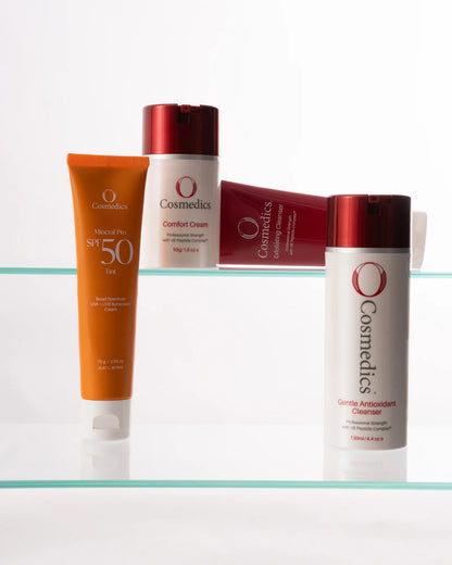 O Cosmedics The Core Four Collection Comfort skincare gift set with O Cosmedics Gentle Antioxidant Cleanser, O Cosmedics Exfoliating Cleanser, O Cosmedics Comfort Cream and O Cosmedics Mineral Pro SPF 50 Tinted for dry, dehydrated skin.