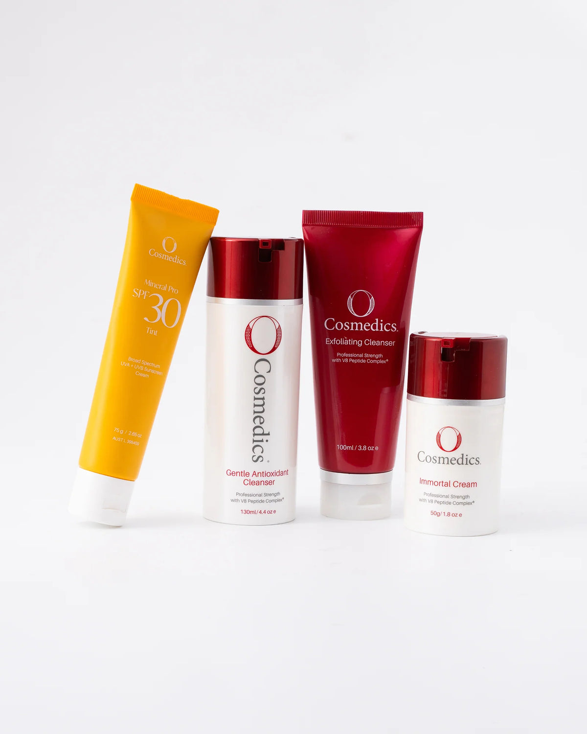 O Cosmedics The Core Four Collection Immortal skincare gift set with O Cosmedics Mineral Pro SPF 30 Tinted, O Cosmedics Immortal Cream, O Cosmedics Gentle Antioxidant Cleanser and O Cosmedics Exfoliating Cleanser for radiant, hydrated skin.