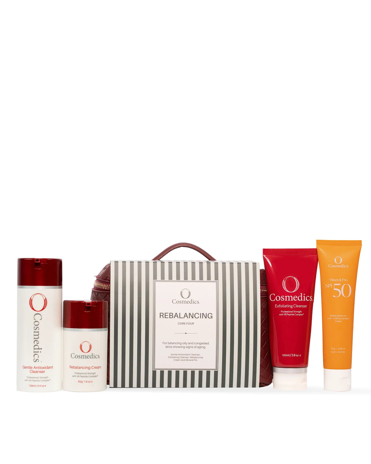 O Cosmedics The Core Four Collection Rebalancing with lightweight skincare essentials and luxury travel case for oily, combination and congestion-prone skin.