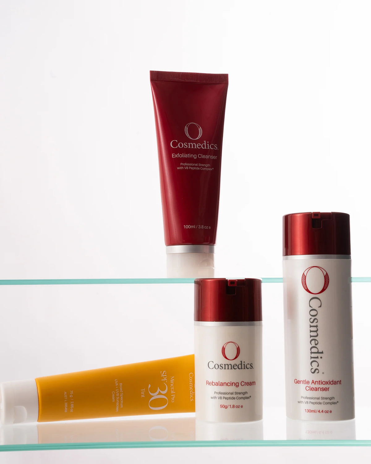O Cosmedics The Core Four Collection Rebalancing with O Cosmedics Mineral Pro SPF 30 Tinted, O Cosmedics Rebalancing Cream, O Cosmedics Gentle Cleanser and O Cosmedics Exfoliating Cleanser for oily, congested skin.