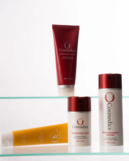 O Cosmedics The Core Four Collection Rebalancing with O Cosmedics Mineral Pro SPF 30 Tinted, O Cosmedics Rebalancing Cream, O Cosmedics Gentle Cleanser and O Cosmedics Exfoliating Cleanser for oily, congested skin.