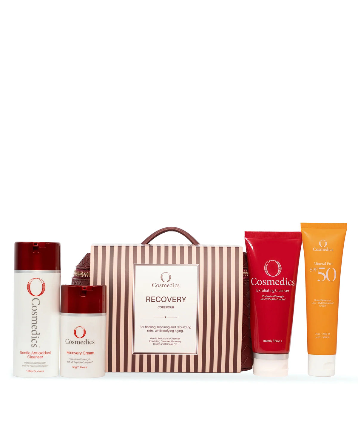 O Cosmedics The Core Four Collection Recovery skincare gift set with O Cosmedics Gentle Antioxidant Cleanser, O Cosmedics Exfoliating Cleanser, O Cosmedics Recovery Cream and O Cosmedics Mineral Pro SPF 50 Untinted.