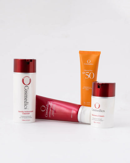 O Cosmedics The Core Four Collection Recovery featuring O Cosmedics Recovery Cream, O Cosmedics Gentle Antioxidant Cleanser, O Cosmedics Exfoliating Cleanser and O Cosmedics Mineral Pro SPF 50 Untinted for weakened, ageing and redness-prone skin.