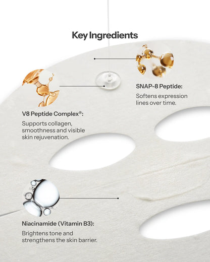 O Cosmedics V8 Peptide Sheet Mask with V8 Peptide Complex, SNAP-8 and Niacinamide for age and barrier support.