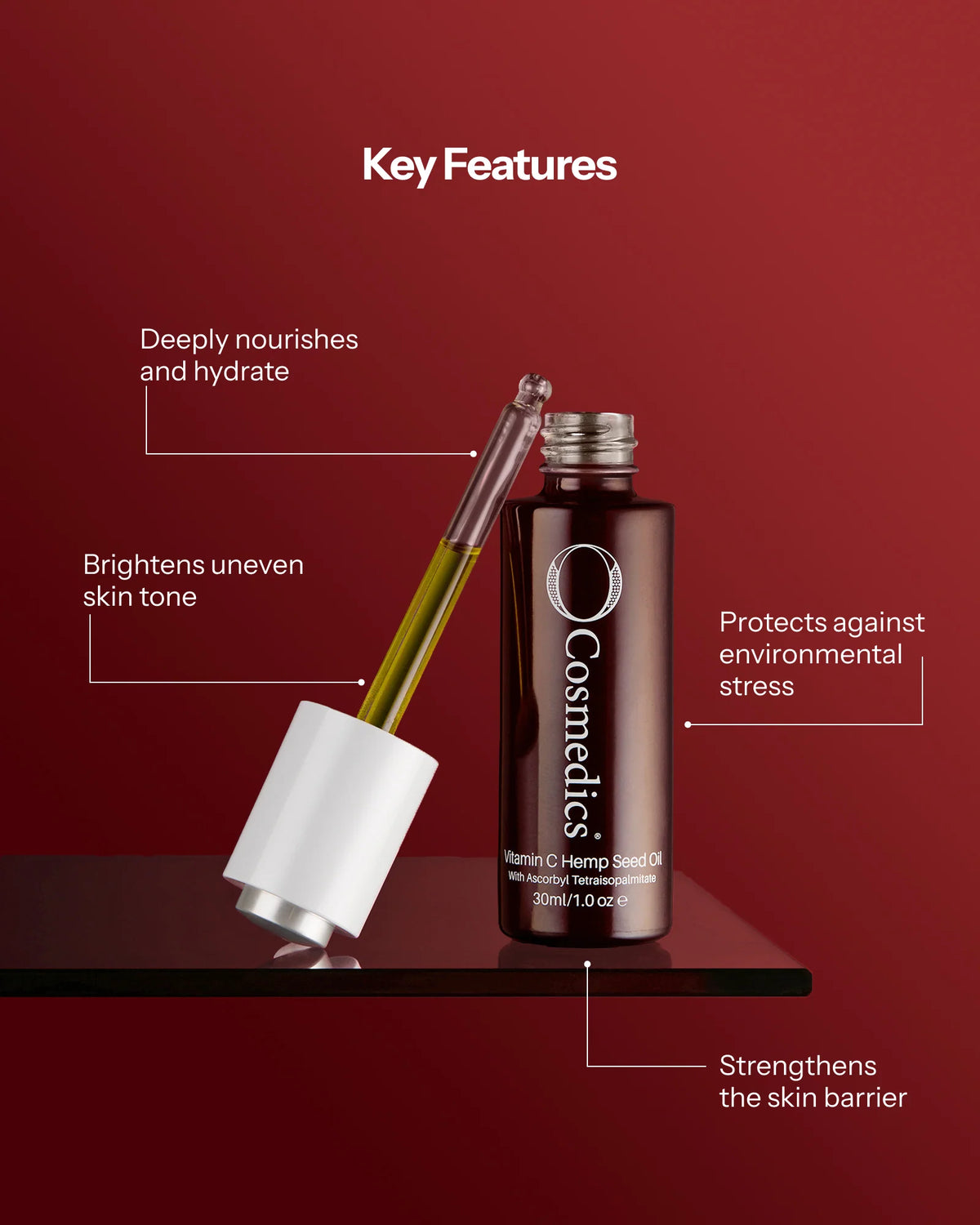 O Cosmedics Vitamin C Hemp Seed Oil for brightening, deep nourishment, antioxidant protection and skin barrier support.
