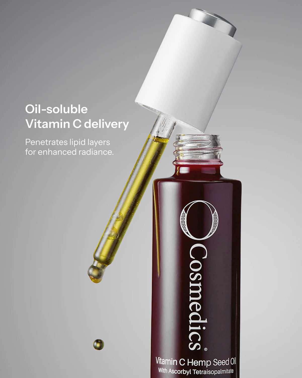 O Cosmedics Vitamin C Hemp Seed Oil with oil-soluble Ascorbyl Tetraisopalmitate for radiance and uneven skin tone.