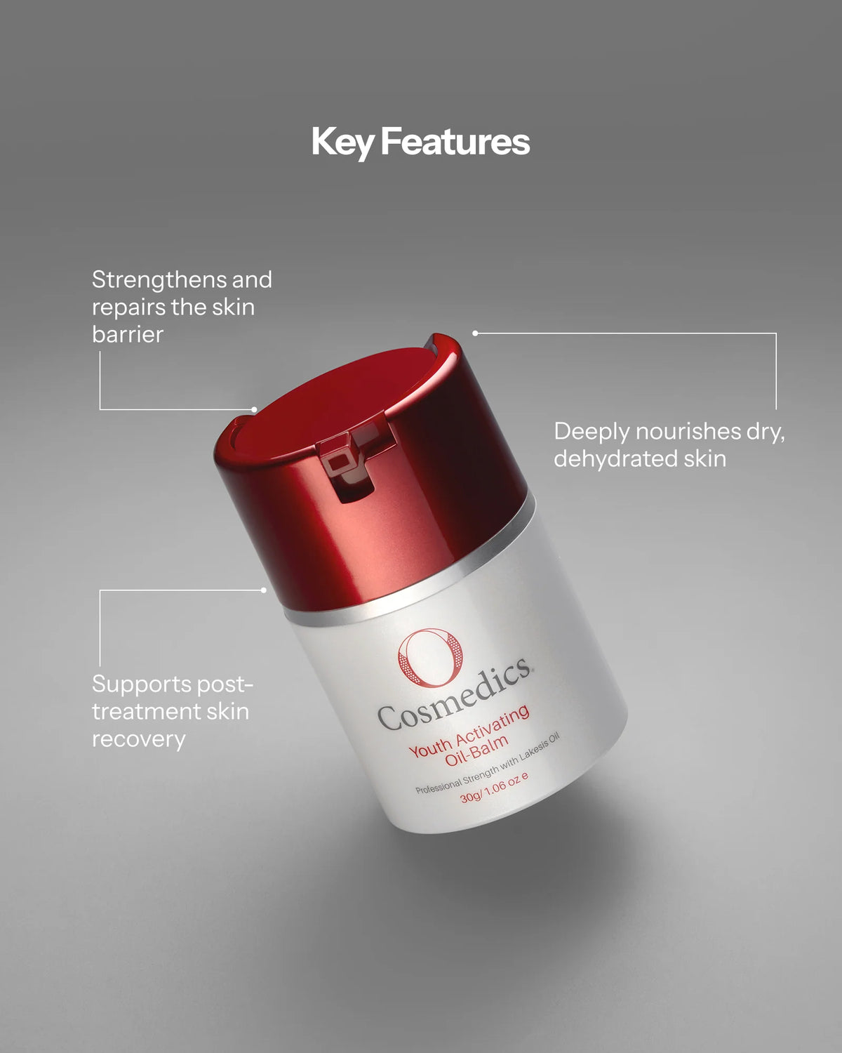 O Cosmedics Youth Activating Oil Balm key benefits for surface resilience, dry skin nourishment and barrier support.