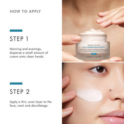 SkinCeuticals A.G.E. Interrupter Advanced applied morning and evening in a thin layer to the face, neck and décolletage.