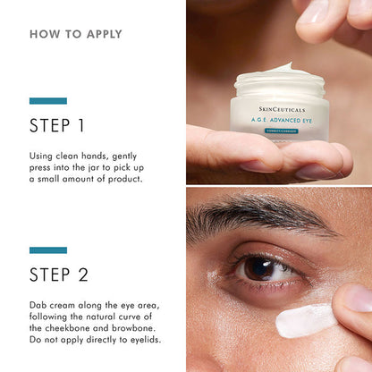 SkinCeuticals A.G.E. Advanced Eye Cream applied along the cheekbone and brow bone to target dark circles, puffiness and crow’s feet.