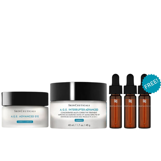 SkinCeuticals A.G.E Anti-Ageing Duo with A.G.E Interrupter Advanced anti-wrinkle moisturiser and A.G.E Advanced Eye cream for glycation-related ageing skin.