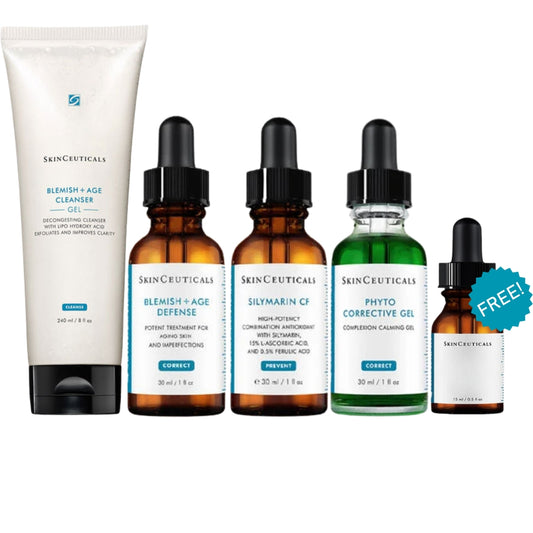 SkinCeuticals Acne Prone Starter Kit featuring Blemish + Age Cleanser, Blemish + Age Defense, Silymarin CF vitamin C serum and Phyto Corrective Gel for acne-prone skin.