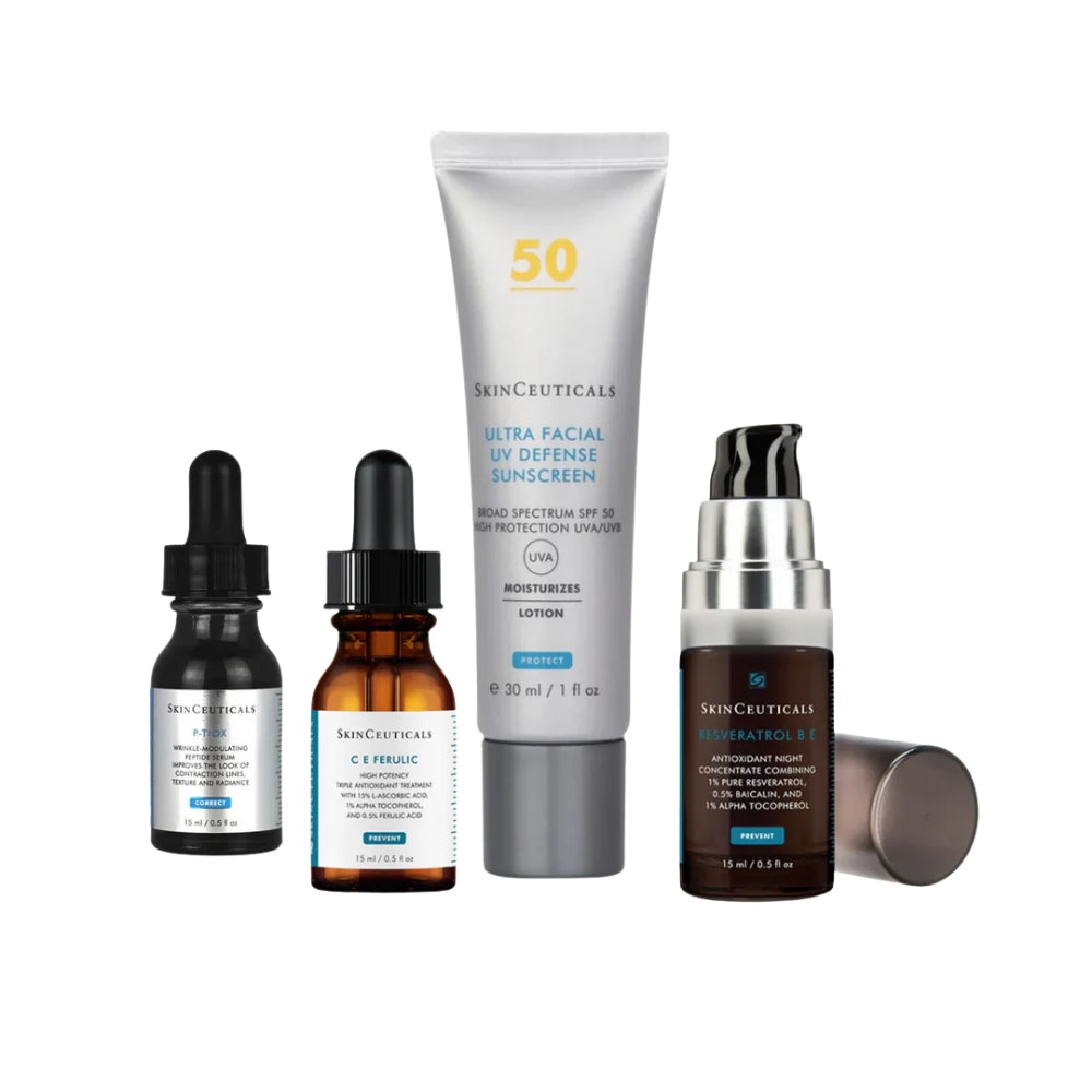 SkinCeuticals Advanced Daily Routine Trial Kit includes SkinCeuticals C E Ferulic for high-potency daytime antioxidant protection and visible brightness, SkinCeuticals P-Tiox for smoothing expression lines and firming support, SkinCeuticals Resveratrol B E for overnight antioxidant repair, and SkinCeuticals Ultra Facial Defense SPF50+ to deliver high-level UVA/UVB protection with hydrating comfort.